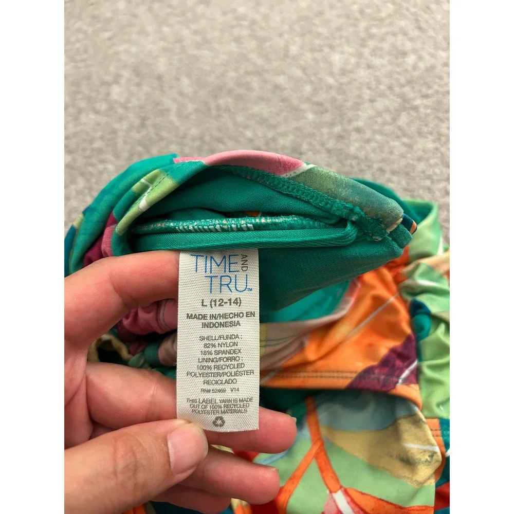 Time and Tru One Piece Swimsuit Womens Large 12-14 Green Tropical Leaf Excellent